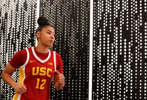 USC Trojans guard JuJu Watkins (12) takes to the court on Jan. 22, 2025, ahead a game against the Purdue Boilermakers.