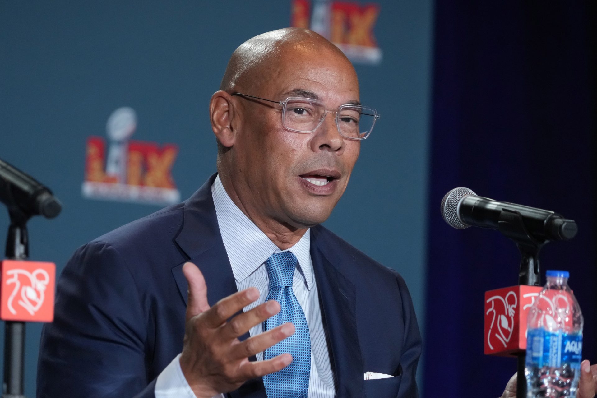 Feb 5, 2025; New Orleans, LA, USA; NFLPA executive director Lloyd Howell during the NFLPA press conference at the Super Bowl LIX media center at the Ernest N. Morial Convention Center.