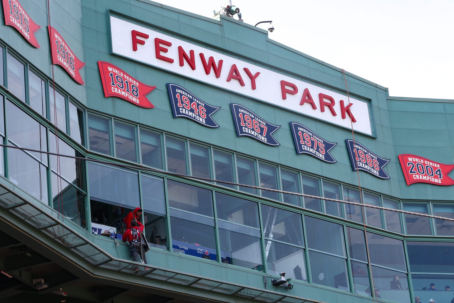 Workers prepare for the Red Sox home-opener at Fenway Park on Wednesday, April 2, 2025.