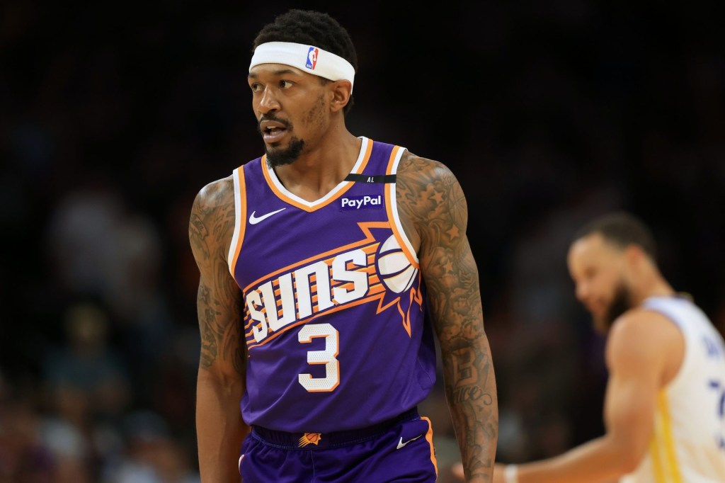 Apr 8, 2025; Phoenix, Arizona, USA; Phoenix Suns guard Bradley Beal (3) reacts during the first half against the Golden State Warriors at Footprint Center.