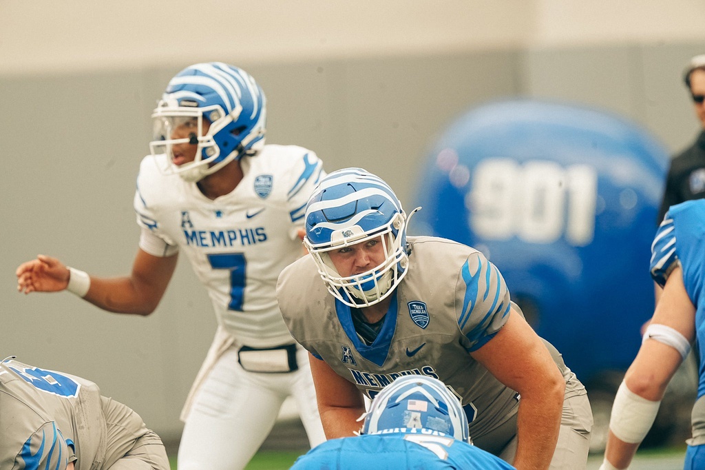 Quarterback Arrington Maiden (7) surveys the defense during a Memphis Tigers football spring game between the blue and gray team on Saturday, April 26, 2025 at Simmons Liberty Bank Stadium in Memphis, Tenn.