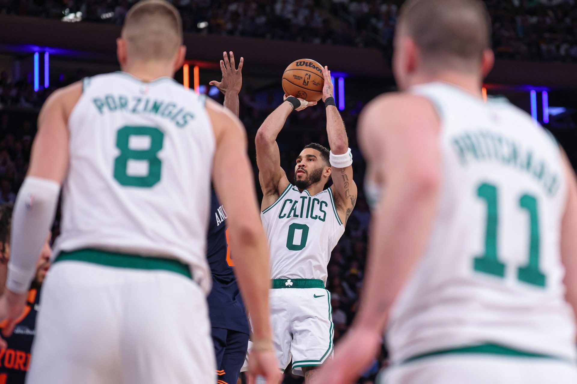 May 12, 2025; New York, New York, USA; Boston Celtics forward Jayson Tatum (0) shoots the ball in the second half during game four of the second round for the 2025 NBA Playoffs against the New York Knicks at Madison Square Garden.