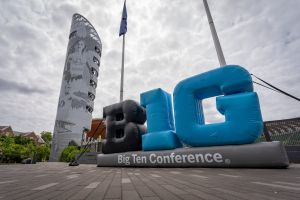 An inflatable Big Ten Conference logo adorns the outside of the track during day one of the Big Ten Outdoor Track and Field Championships on May 16, 2025, at Hayward Field in Eugene.