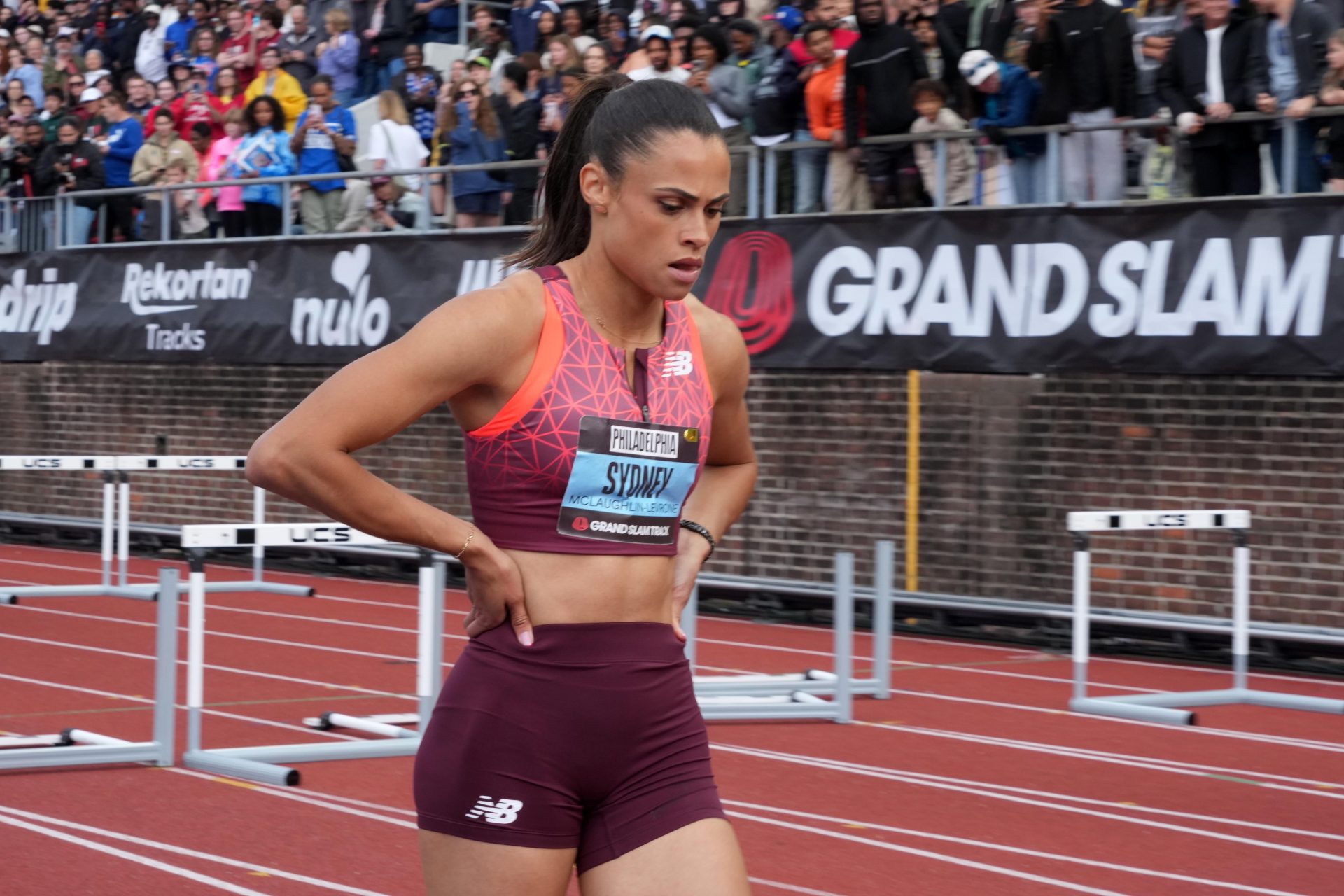 May 31, 2025; Philadelphia, PA, USA; Sydney McLaughin-Levrone (USA) reacts before the women's 100m hurdles during the Grand Slam Track Philadelphia at Franklin Field