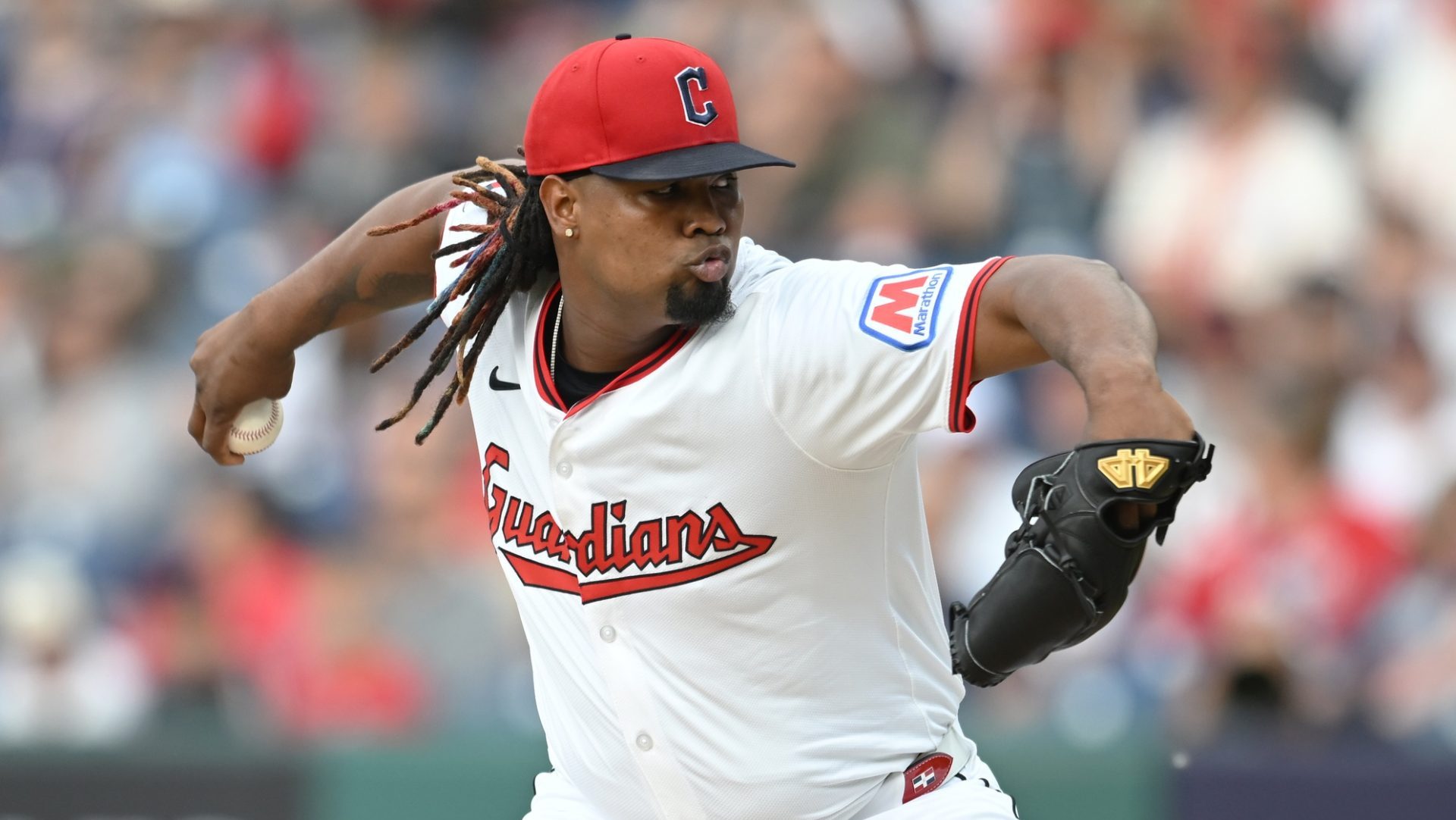 Jun 9, 2025; Cleveland, Ohio, USA; Cleveland Guardians starting pitcher Luis Ortiz (45) throws a pitch during the first inning against the Cincinnati Reds at Progressive Field.