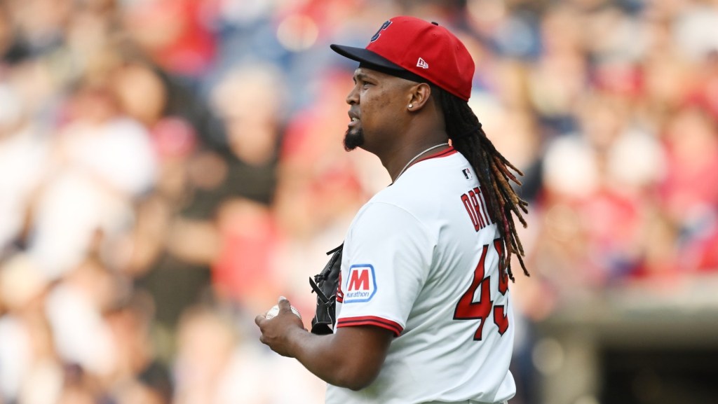Jun 9, 2025; Cleveland, Ohio, USA; Cleveland Guardians starting pitcher Luis Ortiz (45) reacts after giving up a home run during the fourth inning against the Cincinnati Reds at Progressive Field.