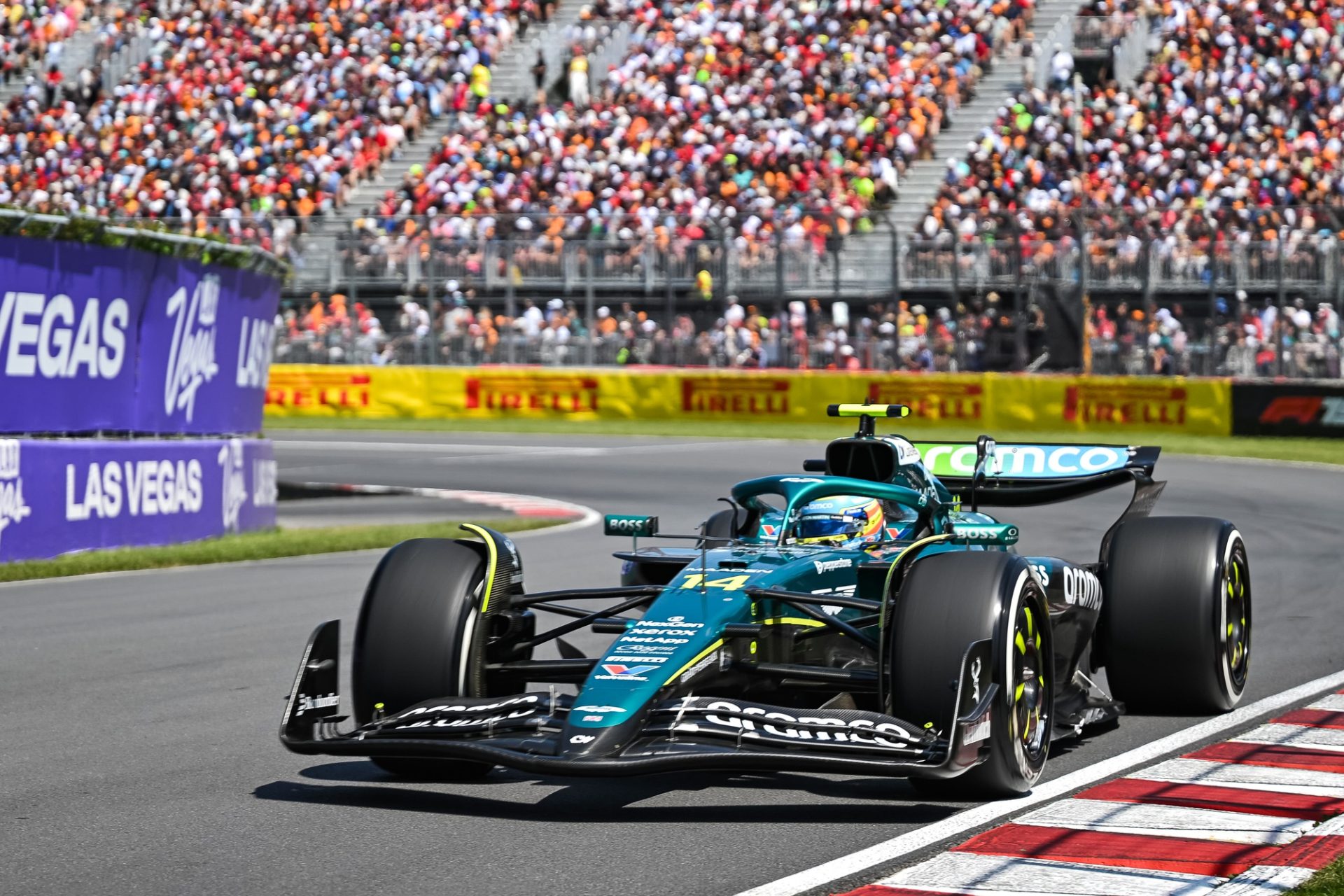 Jun 15, 2025; Montreal, Quebec, Canada; Aston martin driver Fernando Alonso (14) during the F1 Canadian Grand Prix at Circuit Gilles-Villeneuve.