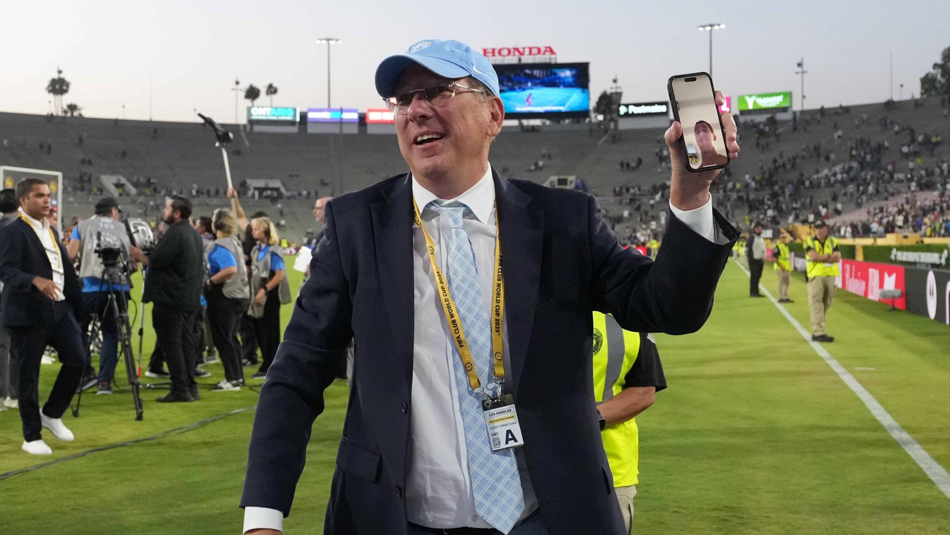 Jun 19, 2025; Pasadena, California, USA; Botafogo owner John Textor reacts after a group stage match of the 2025 FIFA Club World Cup against Paris Saint-Germain at Rose Bowl Stadium.