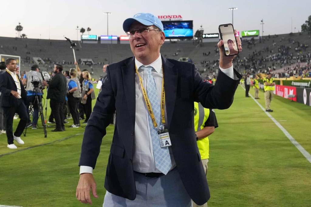 Jun 19, 2025; Pasadena, California, USA; Botafogo owner John Textor reacts after a group stage match of the 2025 FIFA Club World Cup against Paris Saint-Germain at Rose Bowl Stadium.