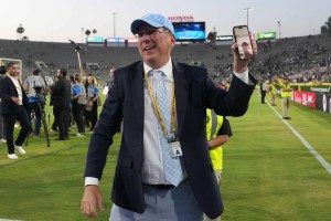 Jun 19, 2025; Pasadena, California, USA; Botafogo owner John Textor reacts after a group stage match of the 2025 FIFA Club World Cup against Paris Saint-Germain at Rose Bowl Stadium.