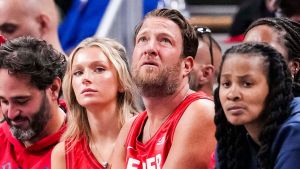 Barstool Sports founder Dave Portnoy looks up at the scoreboard Saturday, May 17, 2025, during a game between the Indiana Fever and the Chicago Sky at Gainbridge Fieldhouse in Indianapolis. The Indiana Fever defeated the Chicago Sky, 93-58.