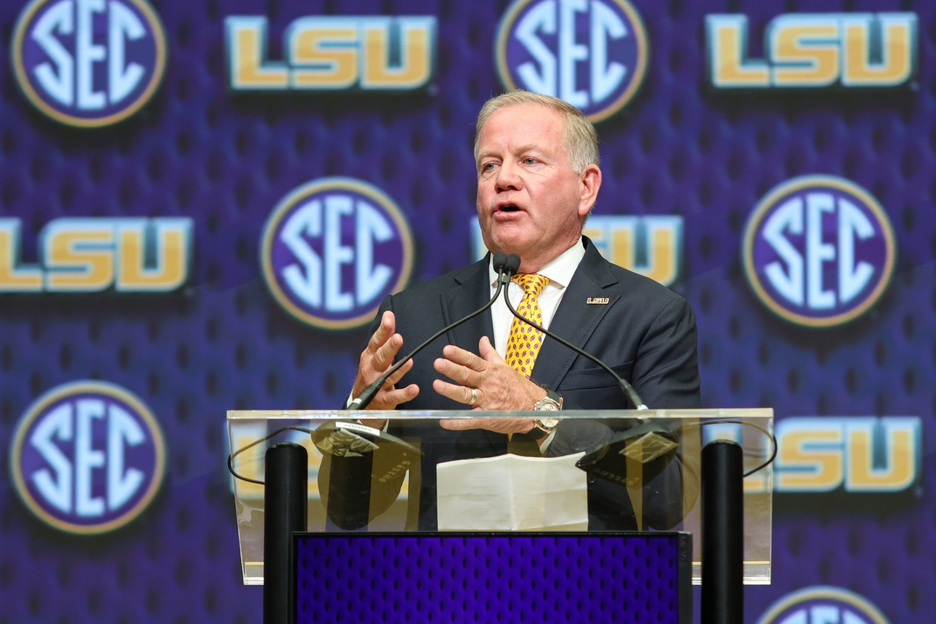 Jul 16, 2025; Atlanta, GA, USA; LSU Tigers head coach Brian Kelly talks to the media during SEC Media Day at Omni Atlanta Hotel.