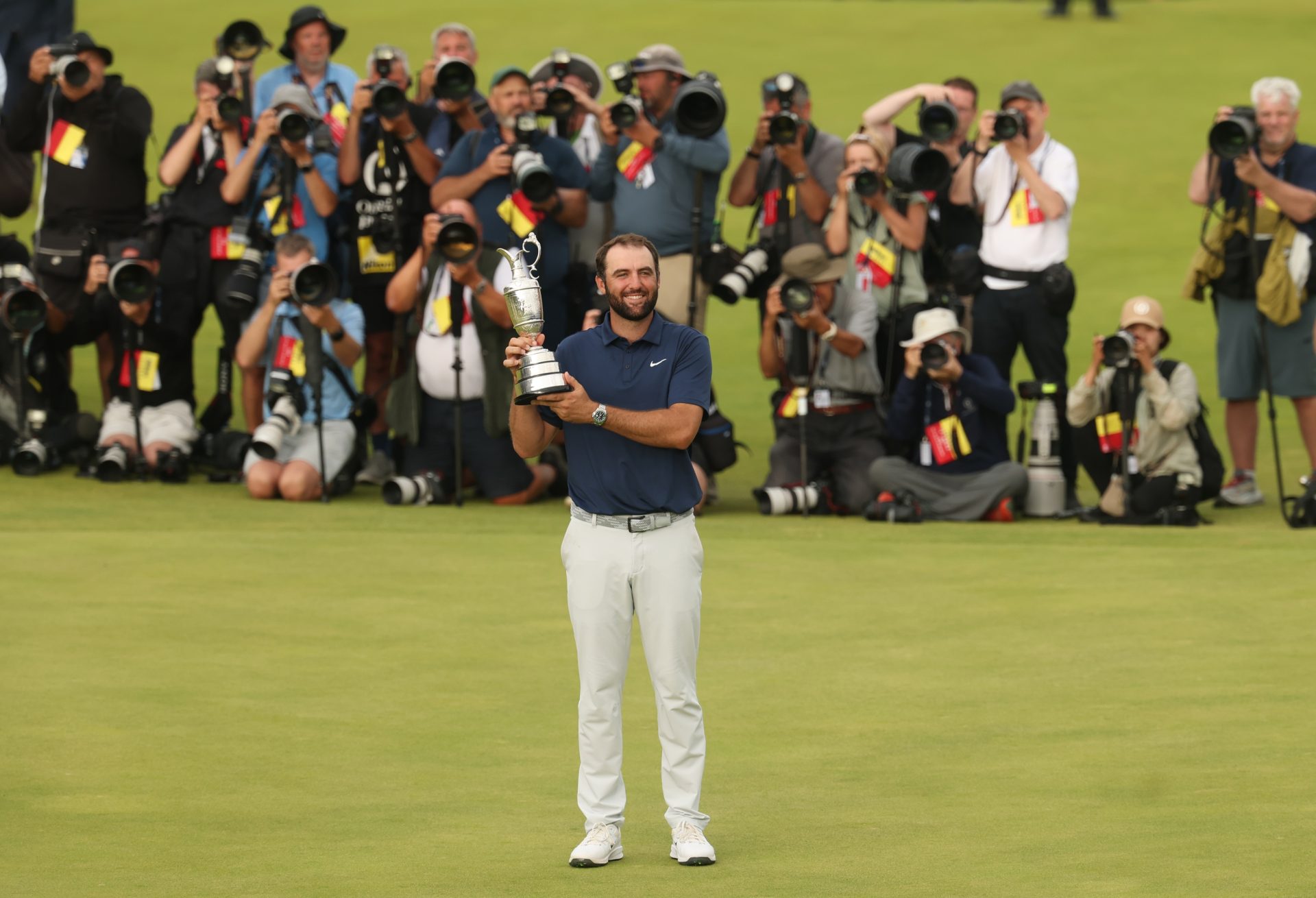 Jul 20, 2025; Portrush, IRL; Scottie Scheffler celebrates with the Claret Jug after winning the 153rd Open Championship golf tournament at Royal Portrush.