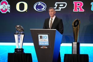 Jul 22, 2025; Las Vegas, NV, USA; Big Ten commissioner Tony Petitti speaks to the media during the Big Ten NCAA college football media days at Mandalay Bay Resort.