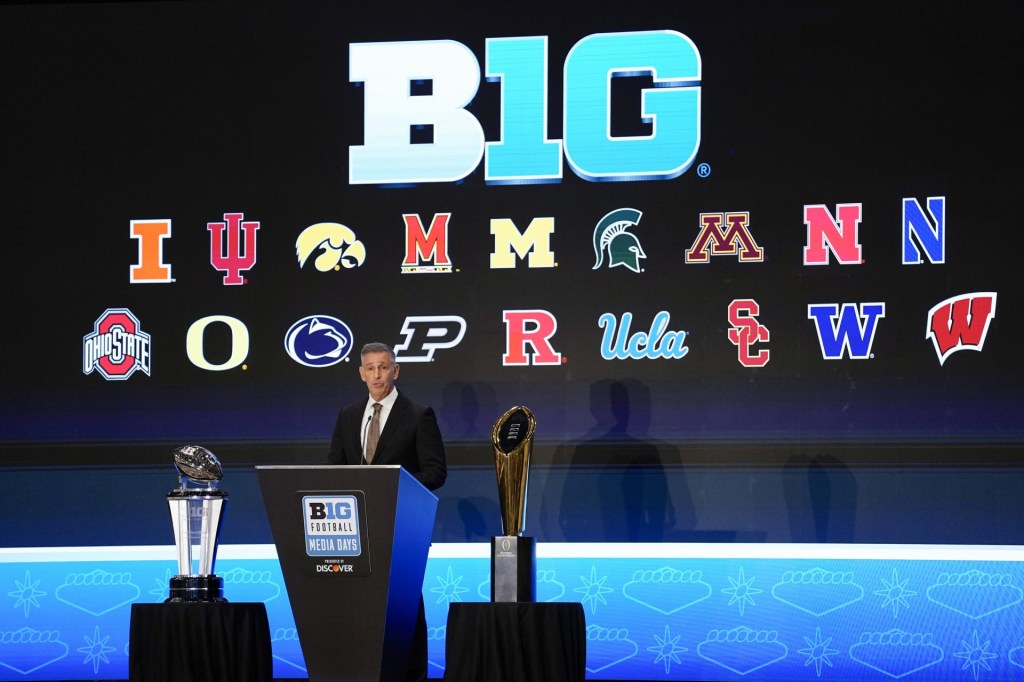 Jul 22, 2025; Las Vegas, NV, USA; Big Ten commissioner Tony Petitti speaks to the media during the Big Ten NCAA college football media days at Mandalay Bay Resort