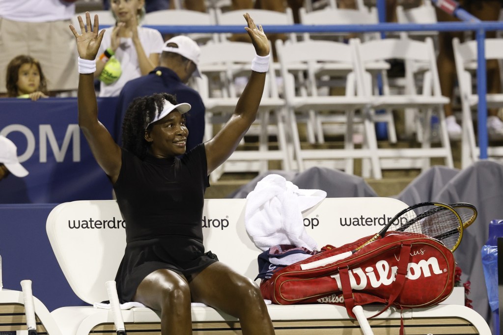 Jul 24, 2025; Washington, D.C., USA; Venus Williams (USA) waves to the crowd after her match against Magdalena Frech (POL)(not pictured) in a women's singles match on day four of the Mubadala Citi DC Open at Rock Creek Park Tennis Center.