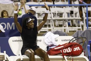 Jul 24, 2025; Washington, D.C., USA; Venus Williams (USA) waves to the crowd after her match against Magdalena Frech (POL)(not pictured) in a women's singles match on day four of the Mubadala Citi DC Open at Rock Creek Park Tennis Center.