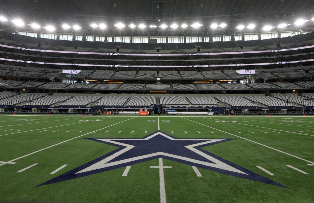 Nov 30, 2017; Arlington, TX, USA; General overall view of the Dallas Cowboys logo at midfield during an NFL football game between the Washington Redskins and the Cowboys at AT&T Stadium.