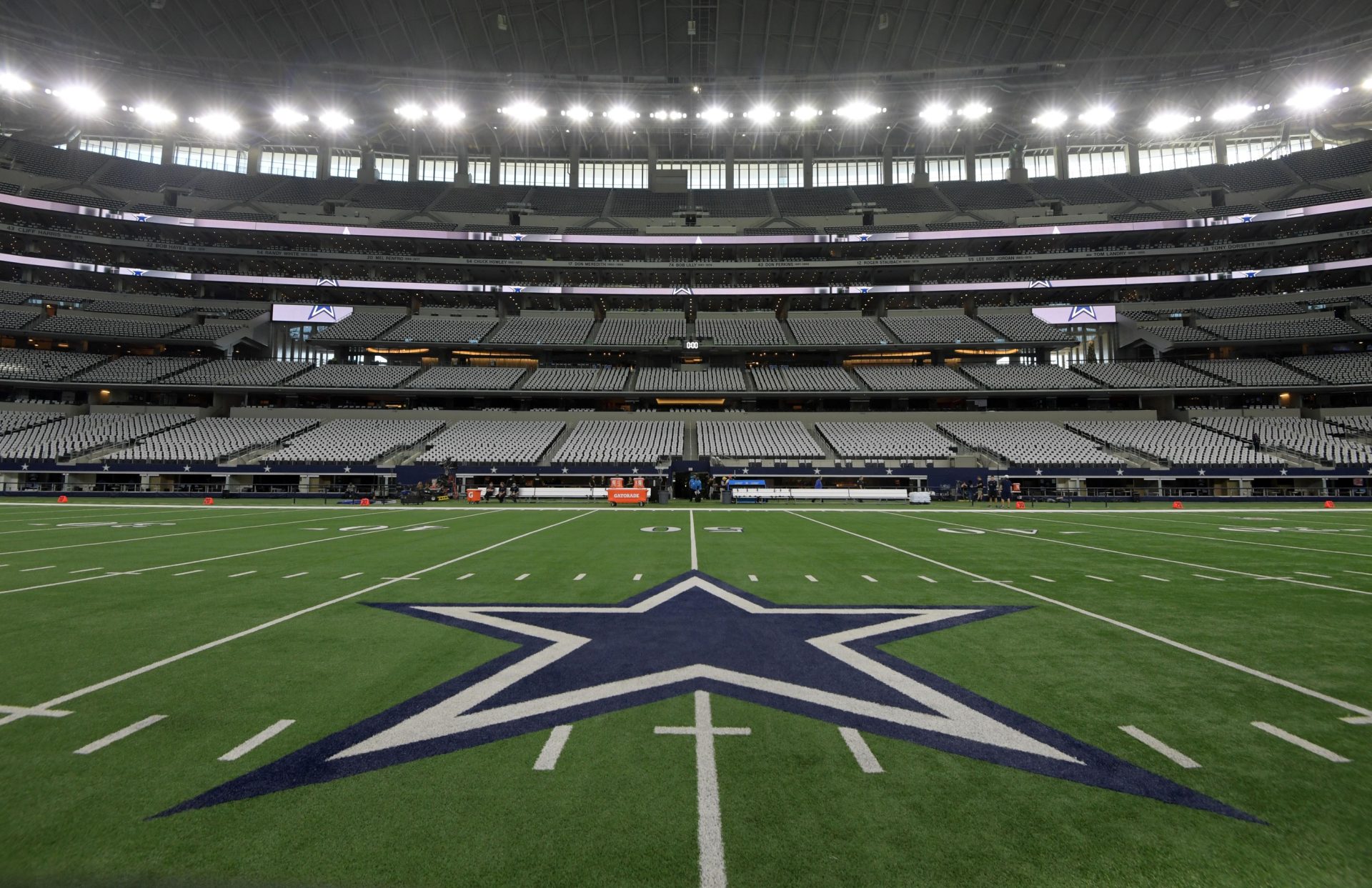 Nov 30, 2017; Arlington, TX, USA; General overall view of the Dallas Cowboys logo at midfield during an NFL football game between the Washington Redskins and the Cowboys at AT&T Stadium.