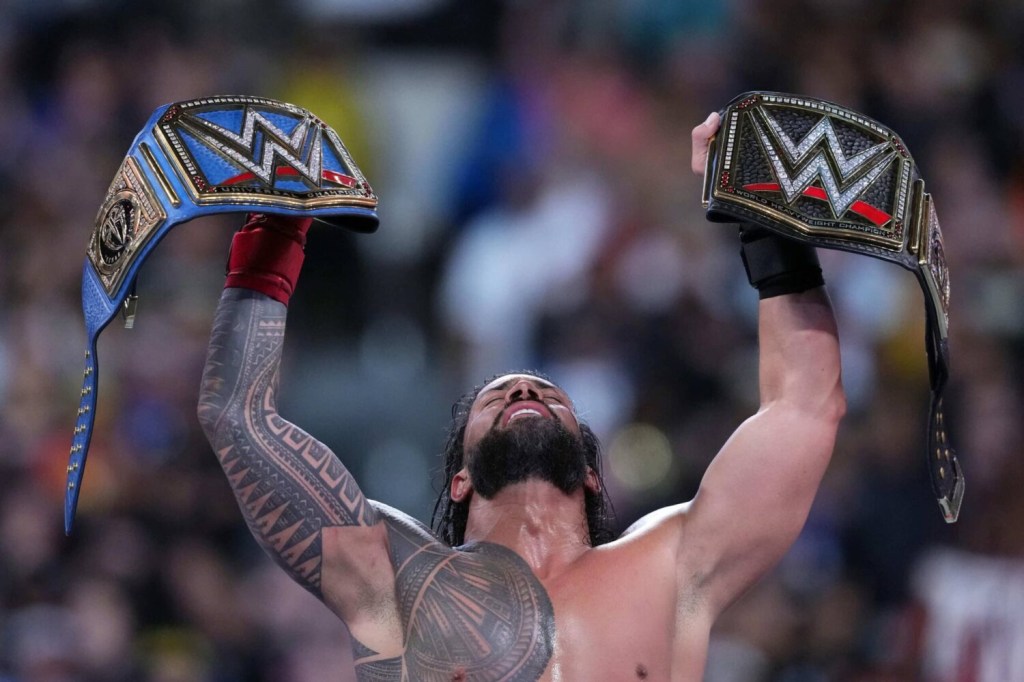 Apr 2, 2023; Inglewood, CA, USA; Roman Reigns during Wrestlemania Night 2 at SoFi Stadium. Mandatory Credit: