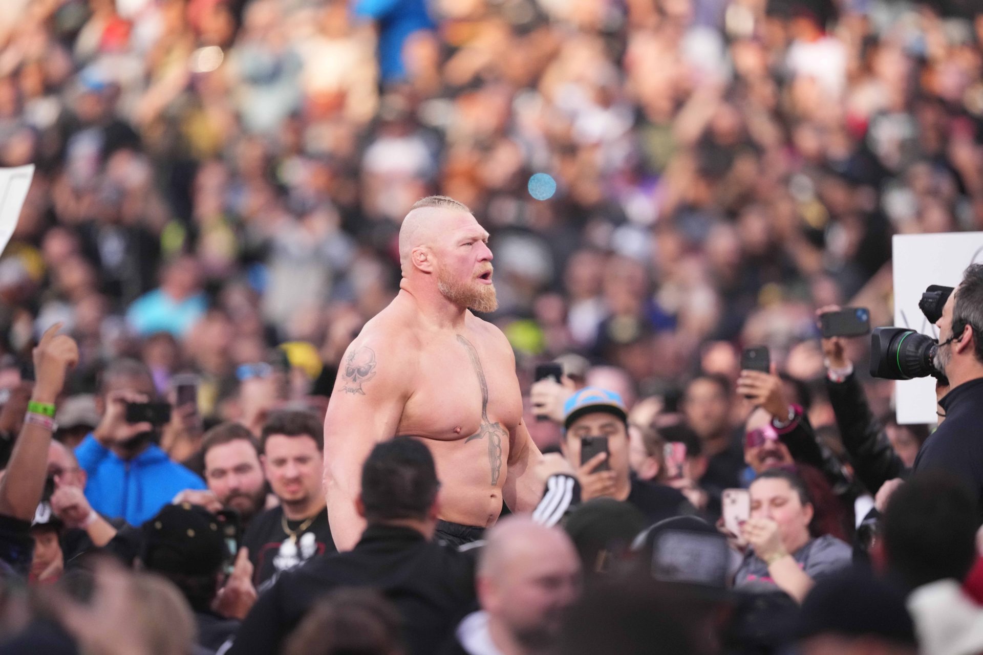 Apr 2, 2023; Inglewood, CA, USA; Brock Lesnar during Wrestlemania Night 2 at SoFi Stadium.