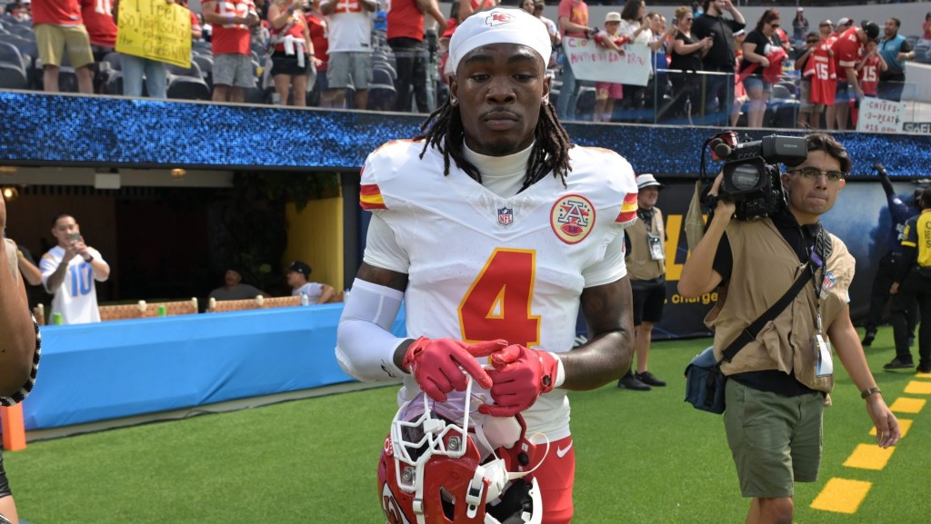Sep 29, 2024; Inglewood, California, USA; Kansas City Chiefs wide receiver Rashee Rice (4) leaves the field following the game against the Los Angeles Chargers at SoFi Stadium