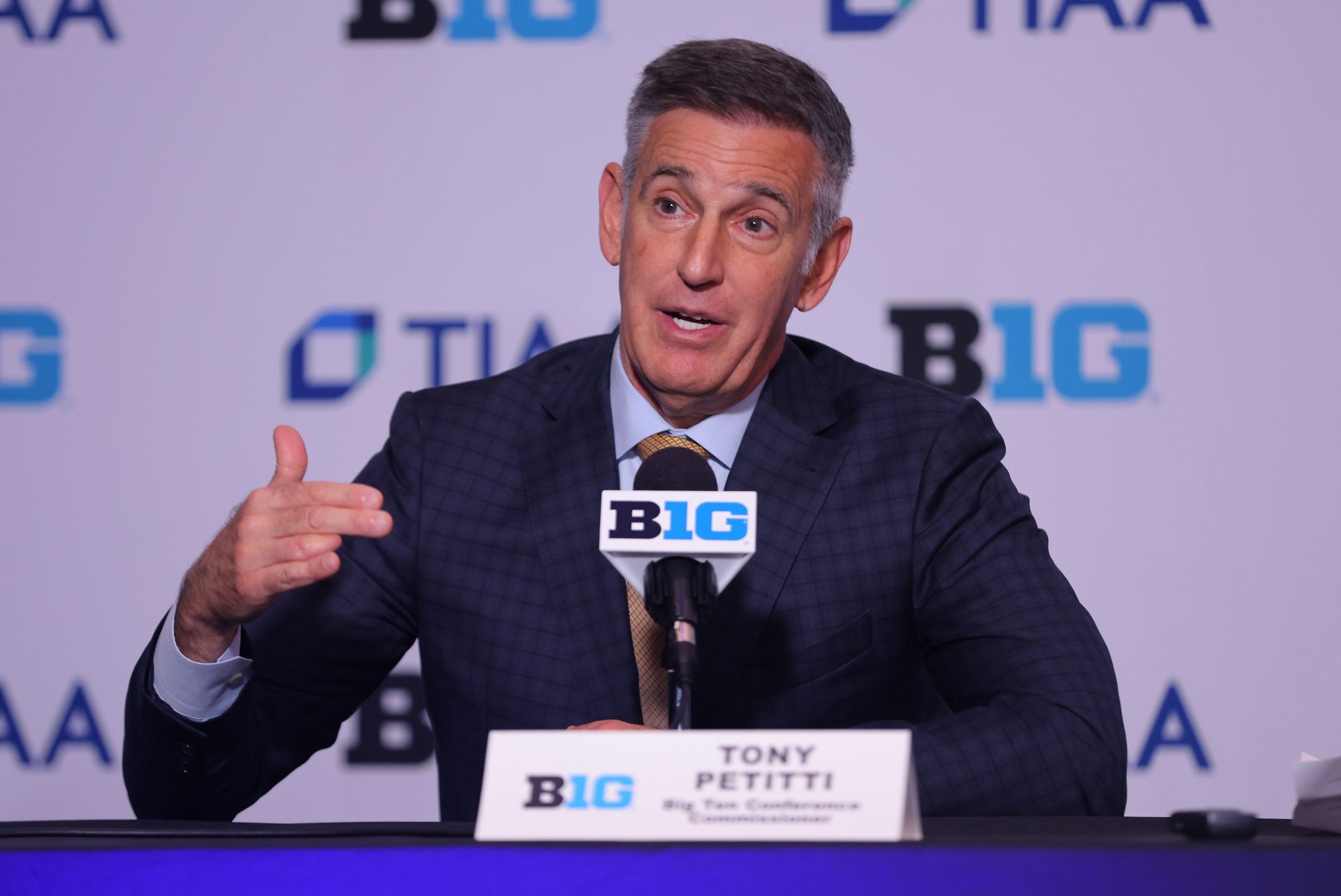 Oct 2, 2024; Rosemont, IL, USA; Big Ten commissioner Tony Petitti speaks with the media during the 2024 Big Ten Womens Basketball media day at Donald E. Stephens Convention Center.