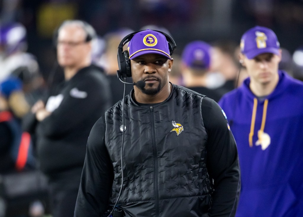 Jan 13, 2025; Glendale, AZ, USA; Minnesota Vikings defensive coordinator Brian Flores against the Los Angeles Rams during an NFC wild card game at State Farm Stadium.