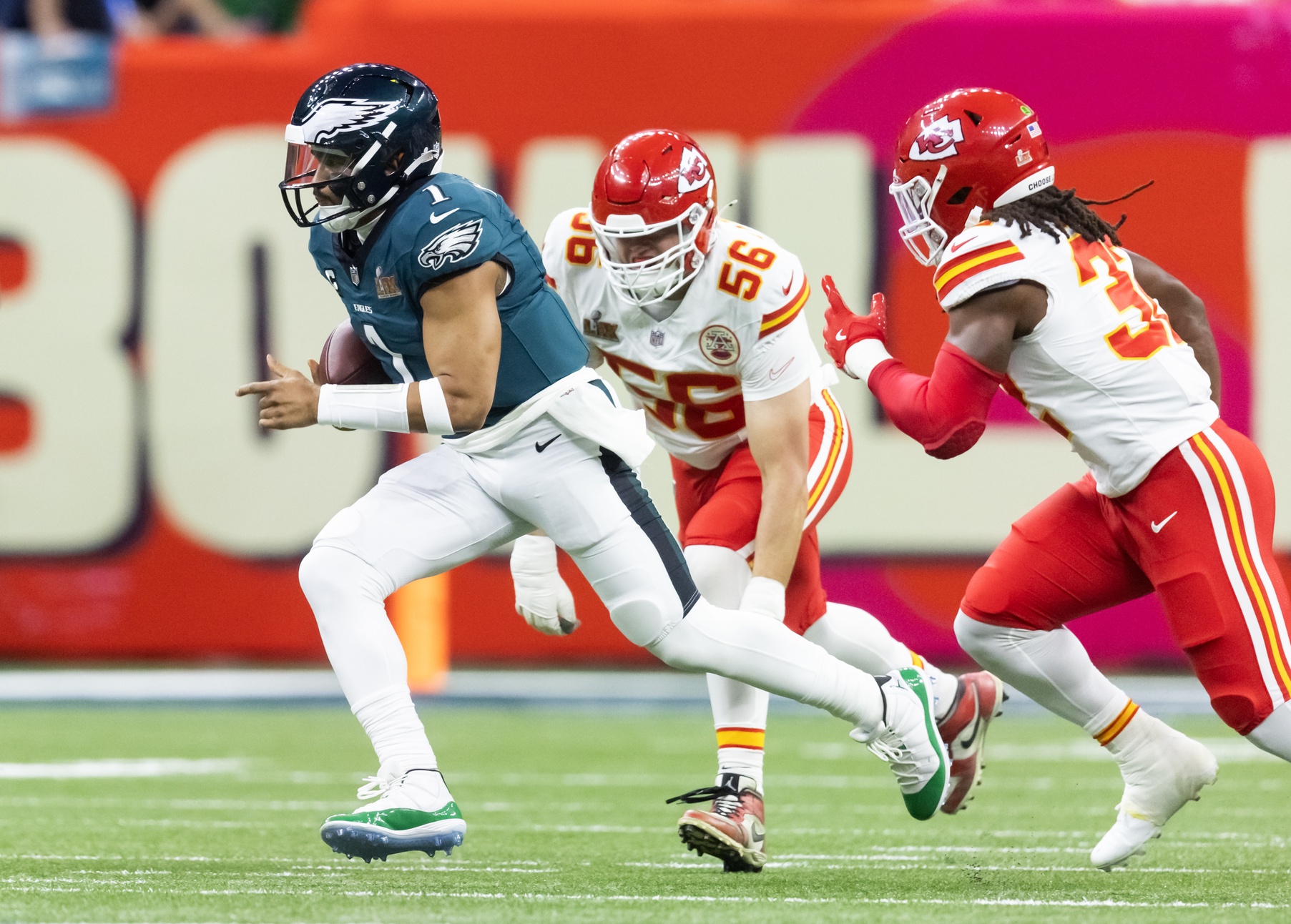 Feb 9, 2025; New Orleans, LA, USA; Philadelphia Eagles quarterback Jalen Hurts (1) against the Kansas City Chiefs during Super Bowl LIX at Ceasars Superdome.