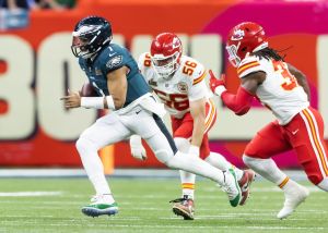 Feb 9, 2025; New Orleans, LA, USA; Philadelphia Eagles quarterback Jalen Hurts (1) against the Kansas City Chiefs during Super Bowl LIX at Ceasars Superdome.