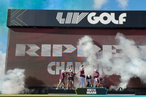 Apr 6, 2025; Miami, Florida, USA; Marc Leishman (center) celebrates with his teammates after winning the final round of the LIV Golf Miami golf tournament at Trump National Doral.