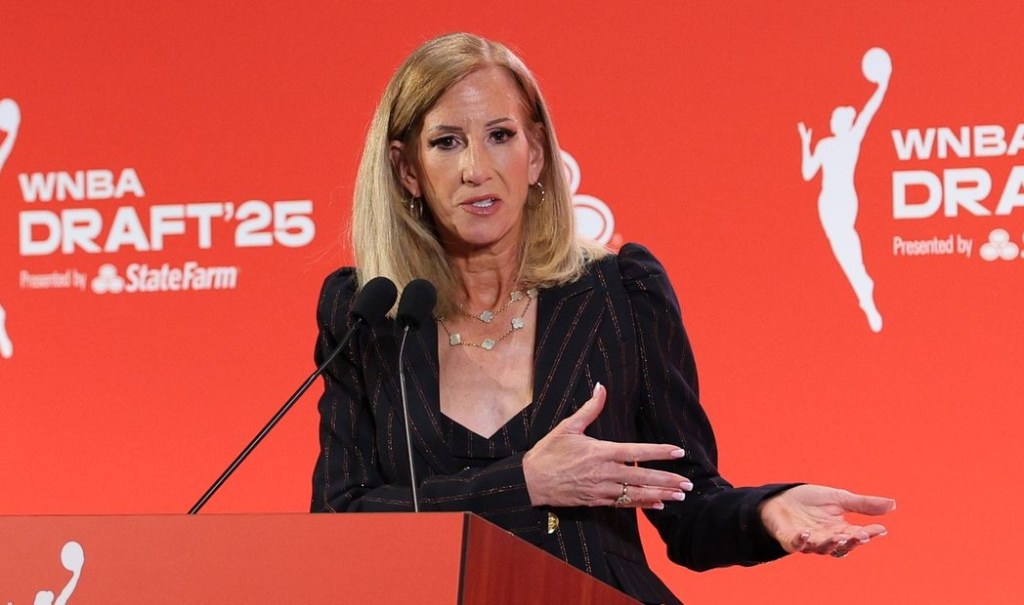 Apr 14, 2025; New York, New York, USA; WNBA commissioner Cathy Engelbert talks to the media before the 2025 WNBA Draft at The Shed at Hudson Yards.