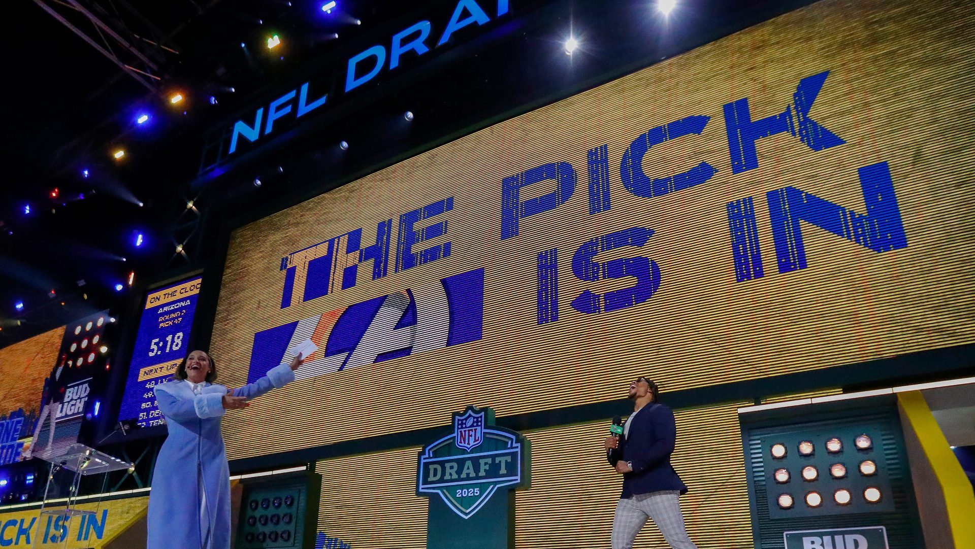 NFL Network host Kimmi Chex gives Indianapolis Colts running back Jonathan Taylor a draft do-over during the second round of the 2025 NFL Draft on Friday, April 25, 2025, at Lambeau Field in Green Bay, Wisconsin. Taylor was drafted in 2020 when the draft was held virtually due to COVID.