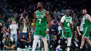 May 7, 2025; Boston, Massachusetts, USA; Boston Celtics guard Jaylen Brown (7) react after a play against the New York Knicks in the second quarter during game two of the second round for the 2025 NBA Playoffs at TD Garden.