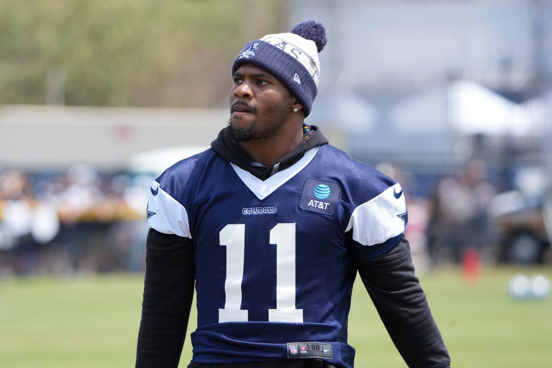 Jul 26, 2025; Oxnard, CA, USA; Dallas Cowboys defensive end Micah Parsons (11) at training camp at the River Ridge Fields