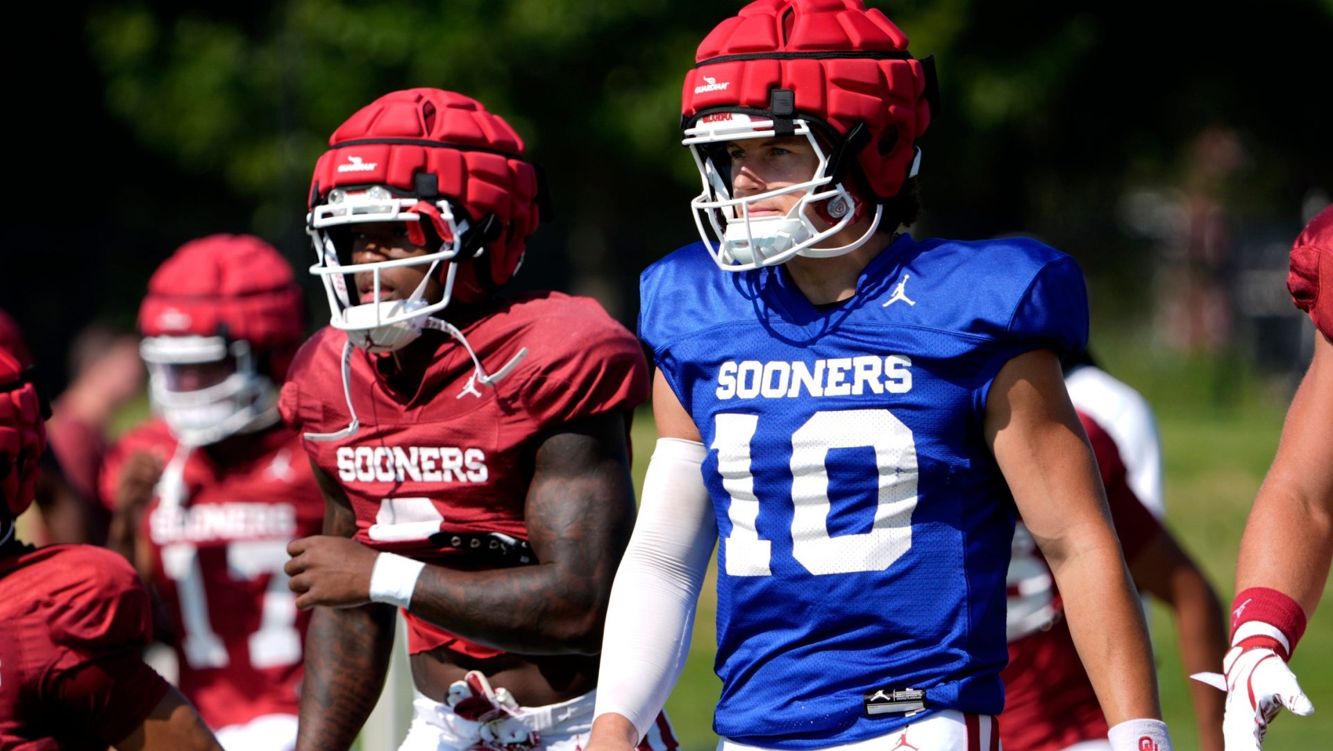 Oklahoma's John Mateer warms up during football practice for the University of Oklahoma Sooners in Norman, Okla., Wednesday, Aug., 6, 2025.