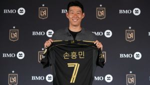 Aug 6, 2025; Los Angeles, California, USA; Son Heung-min poses during an LAFC introductory press conference at BMO Stadium
