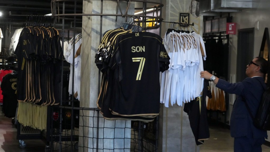 Aug 6, 2025; Los Angeles, California, USA; LAFC jerseys of forward Son Heung-min (7) at the team store at BMO Stadium