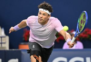 Aug 7, 2025; Toronto, ON, Canada; Ben Shelton (USA) plays a shot against Karen Khachanov during the singles final at Sobeys Stadium.