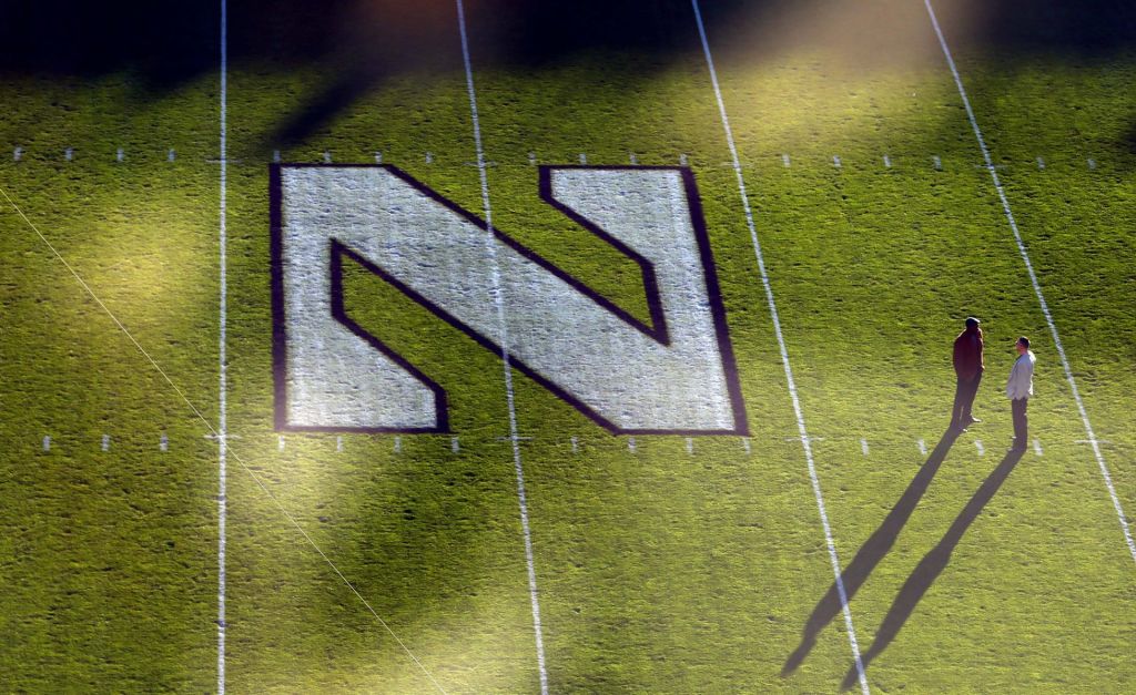 Oct 17, 2015; Evanston, IL, USA; A general view of the Northwestern Wildcats logo at midfield before the game against the Iowa Hawkeyes at Ryan Field.