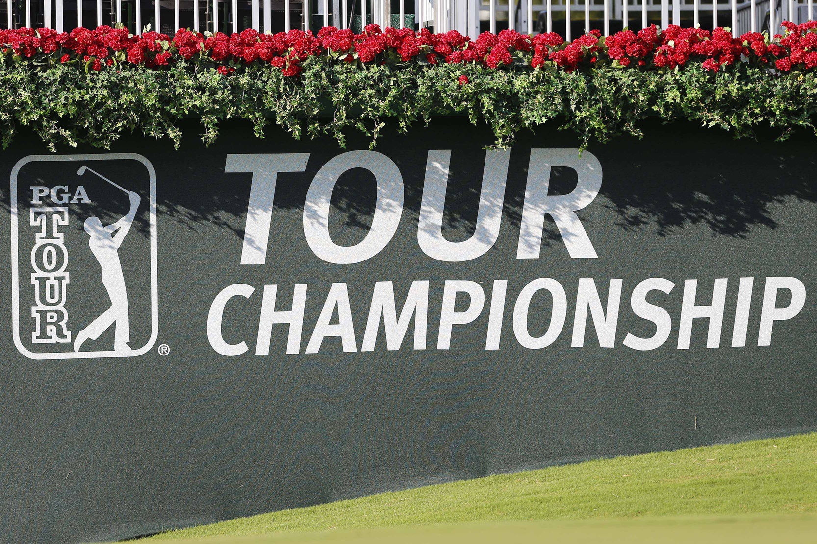 Sep 22, 2016; Atlanta, GA, USA; View of the logo on a grandstand during the 2016 Tour Championship at East Lake Golf Club.