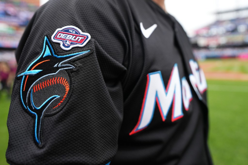 PHILADELPHIA, PENNSYLVANIA - APRIL 19: A detailed view of the MLB Debut patch on the jersey of Patrick Monteverde #44 of the Miami Marlins prior to game against the Philadelphia Phillies at Citizens Bank Park on April 19, 2025 in Philadelphia, Pennsylvania.