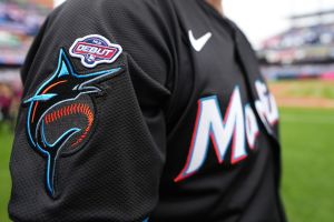 PHILADELPHIA, PENNSYLVANIA - APRIL 19: A detailed view of the MLB Debut patch on the jersey of Patrick Monteverde #44 of the Miami Marlins prior to game against the Philadelphia Phillies at Citizens Bank Park on April 19, 2025 in Philadelphia, Pennsylvania.
