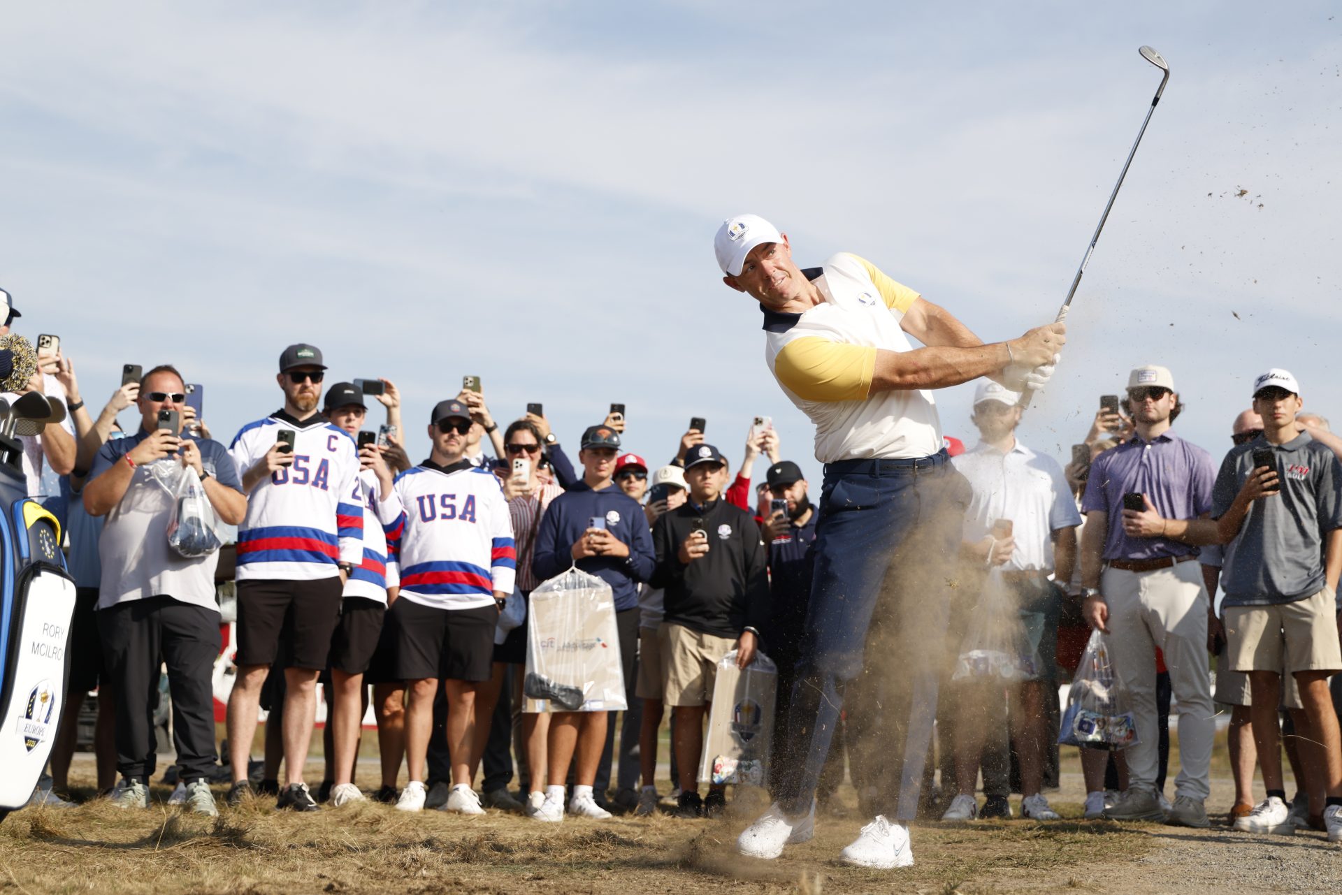FARMINGDALE, NY - SEPTEMBER 23: Rory McIlroy of Team Europe hits out of the rough on the first hole during the 2025 Ryder Cup at Bethpage State Park on Tuesday, September 23, 2025 in Farmingdale, New York.
