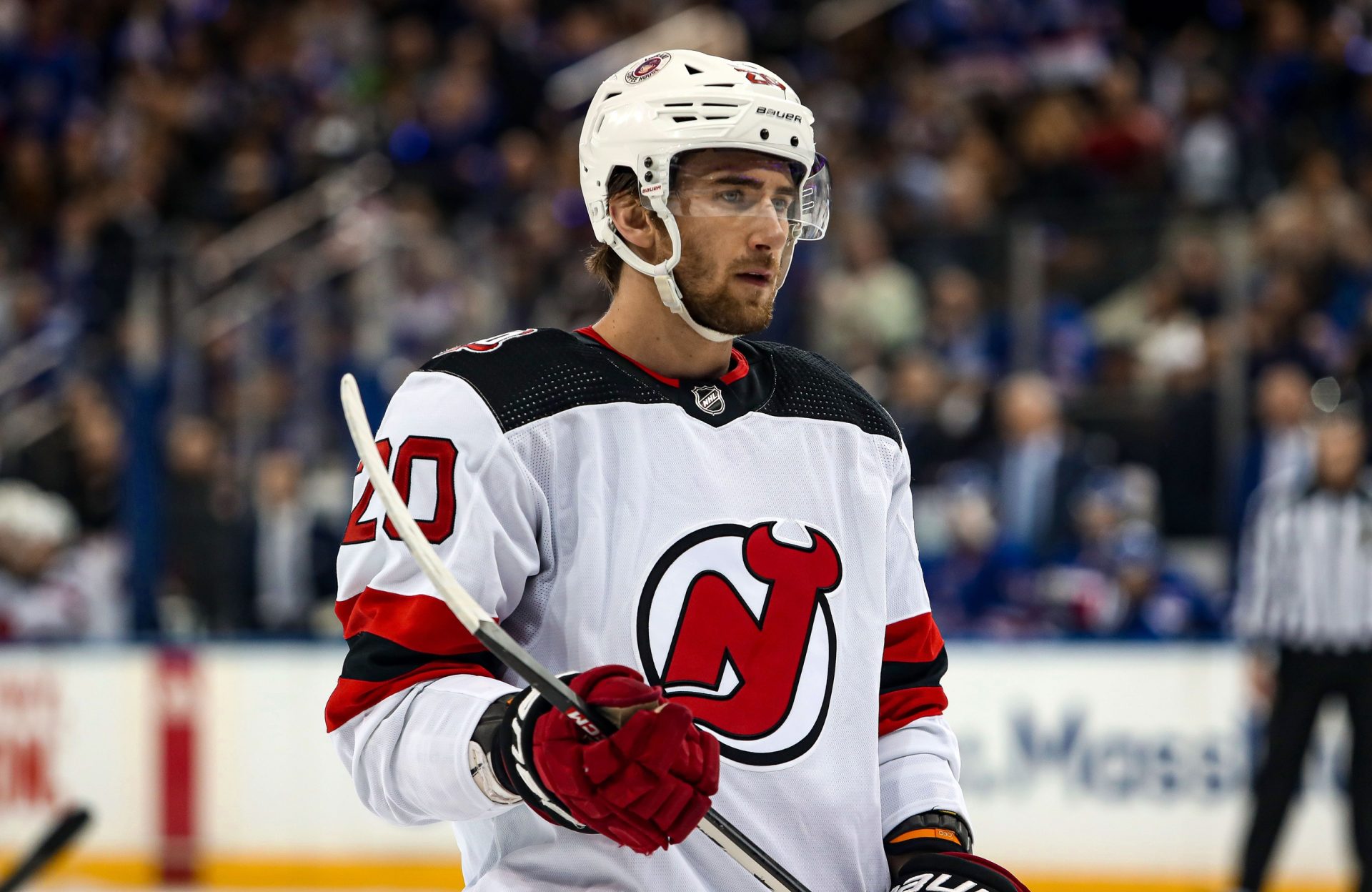 Apr 29, 2023; New York, New York, USA; New Jersey Devils center Michael McLeod (20) during the first period against the New York Rangers in game six of the first round of the 2023 Stanley Cup Playoffs at Madison Square Garden.