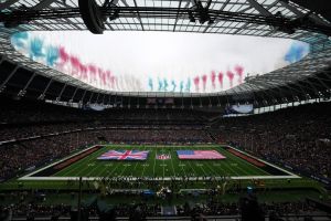 Oct 13, 2024; London, United Kingdom; A general overall view of United States and British flags on the field during the playing of the national anthem before an NFL International Series game between the Chicago Bears and the Jacksonville Jaguars at Tottenham Hotspur Stadium.