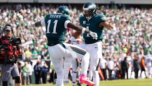 Oct 13, 2024; Philadelphia, Pennsylvania, USA; Philadelphia Eagles quarterback Jalen Hurts (1) and wide receiver A.J. Brown (11) celebrate their touchdown pass during the second quarter against the Cleveland Browns at Lincoln Financial Field.