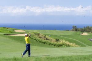 January 5, 2025; Maui, Hawaii, USA; Hideki Matsuyama hits his fairway shot on the 13th hole during the final round of The Sentry golf tournament at Plantation Course at Kapalua.