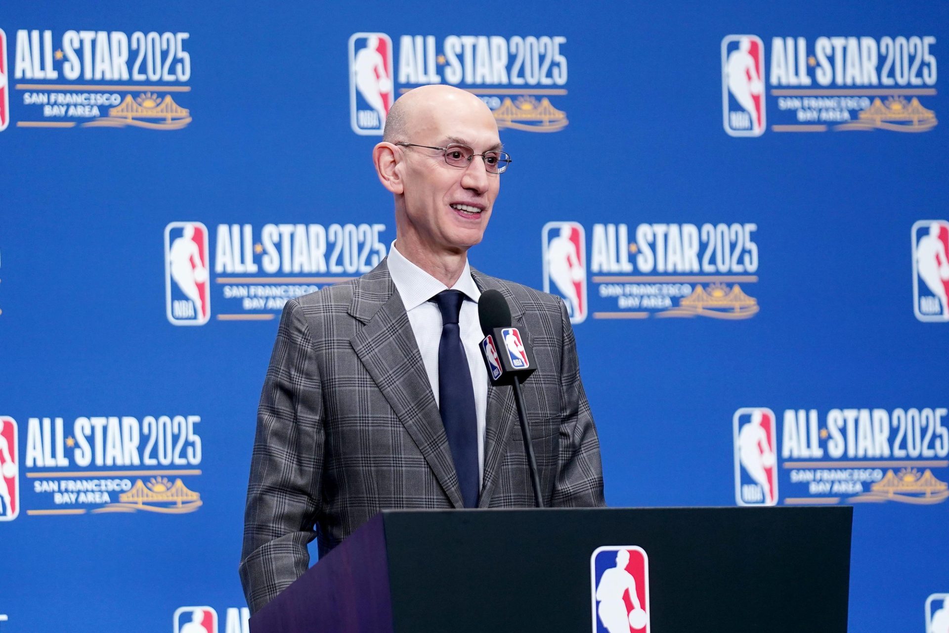 Feb 15, 2025; San Francisco, CA, USA; NBA commissioner Adam Silver speaks in a press conference during All Star Saturday Night ahead of the 2025 NBA All Star Game at Chase Center.