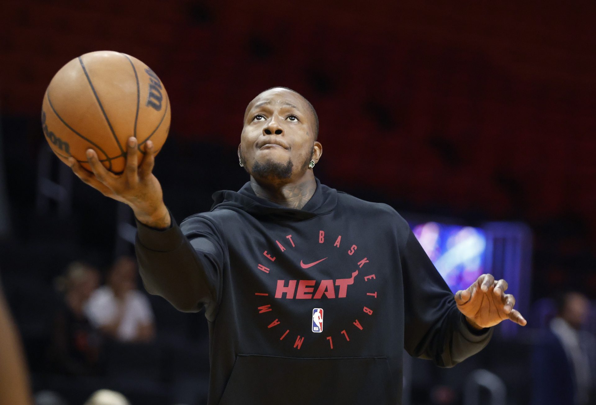 Mar 3, 2025; Miami, Florida, USA; Miami Heat guard Terry Rozier (2) warms up prior to the game against the Washington Wizards at Kaseya Center.